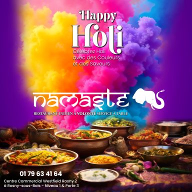 Reseau sociaux post Fête de Holi avec des couleurs vives et des plats indiens traditionnels.